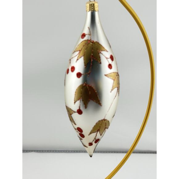 Vintage Hand Blown Glass Christmas Ornament Silver w/ Gold Leaves Berries 7" - Picture 2 of 5